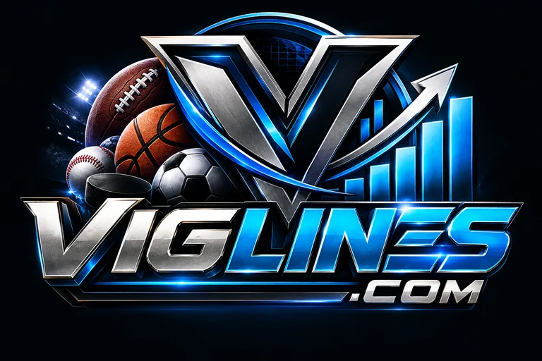 VigLines.com emblem: a chrome V over a rising blue bar chart with sports balls